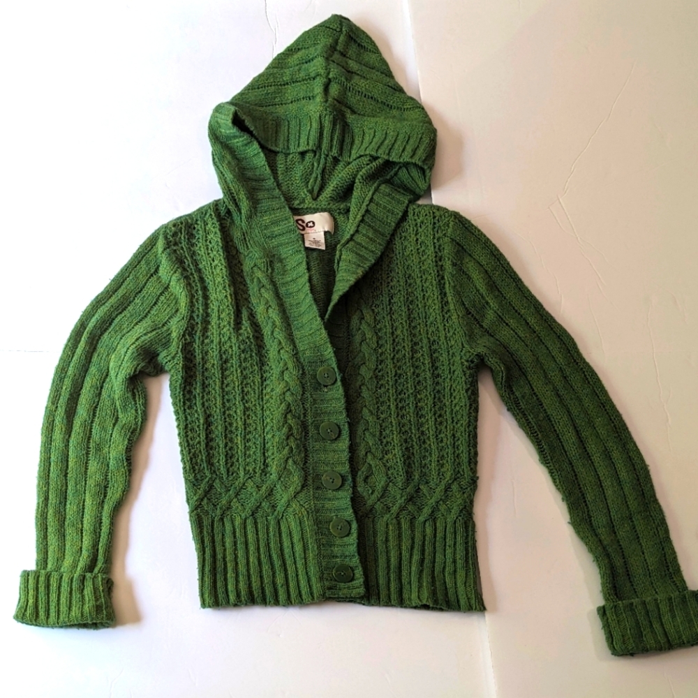 SO S Cable Knit Hooded Cardigan in Green